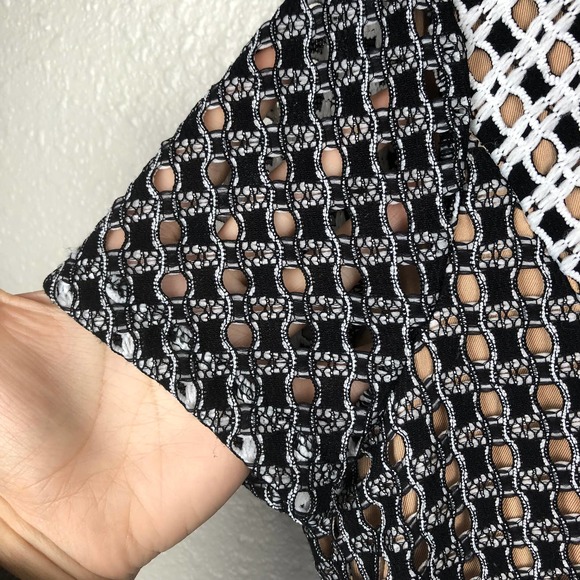 BCBGMAXAZRIA Color Block Eyelet Black & White Peplum Top - Picture 3 of 7